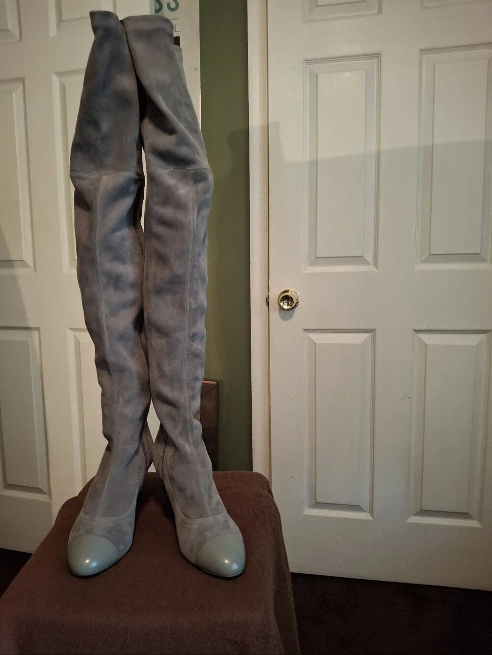 CHANEL Light Gray Suede Over-the-Knee Boots with Patent Toe Comes With Box.